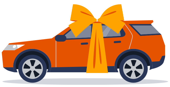 Illustration of an orange car wrapped in a bow with confetti falling around it
