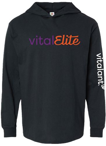 Photo of a long sleeve hooded shirt that says Vital Elite